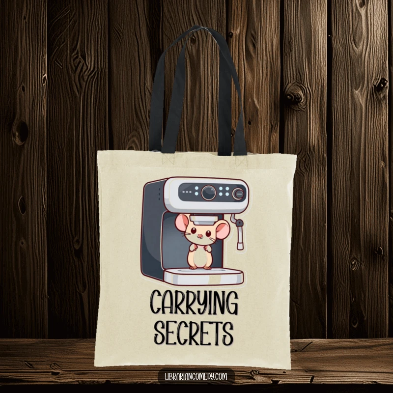 Funny mouse tote bag depicting a curious mouse peeking from behind a bookshelf, perfect for carrying books and literary treasures.